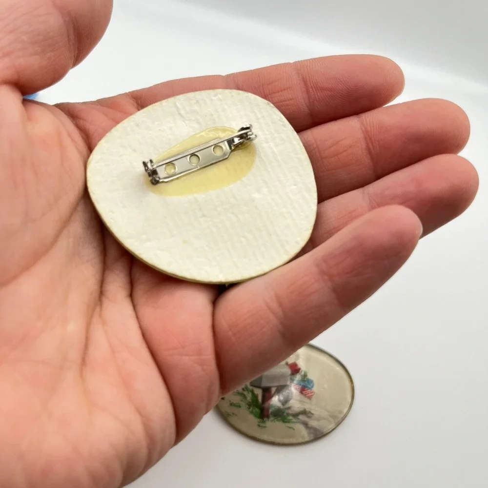 Vintage Christmas Snowman and Mailbox Eye Glass Brooch Pin‎ Set Winter Holiday
